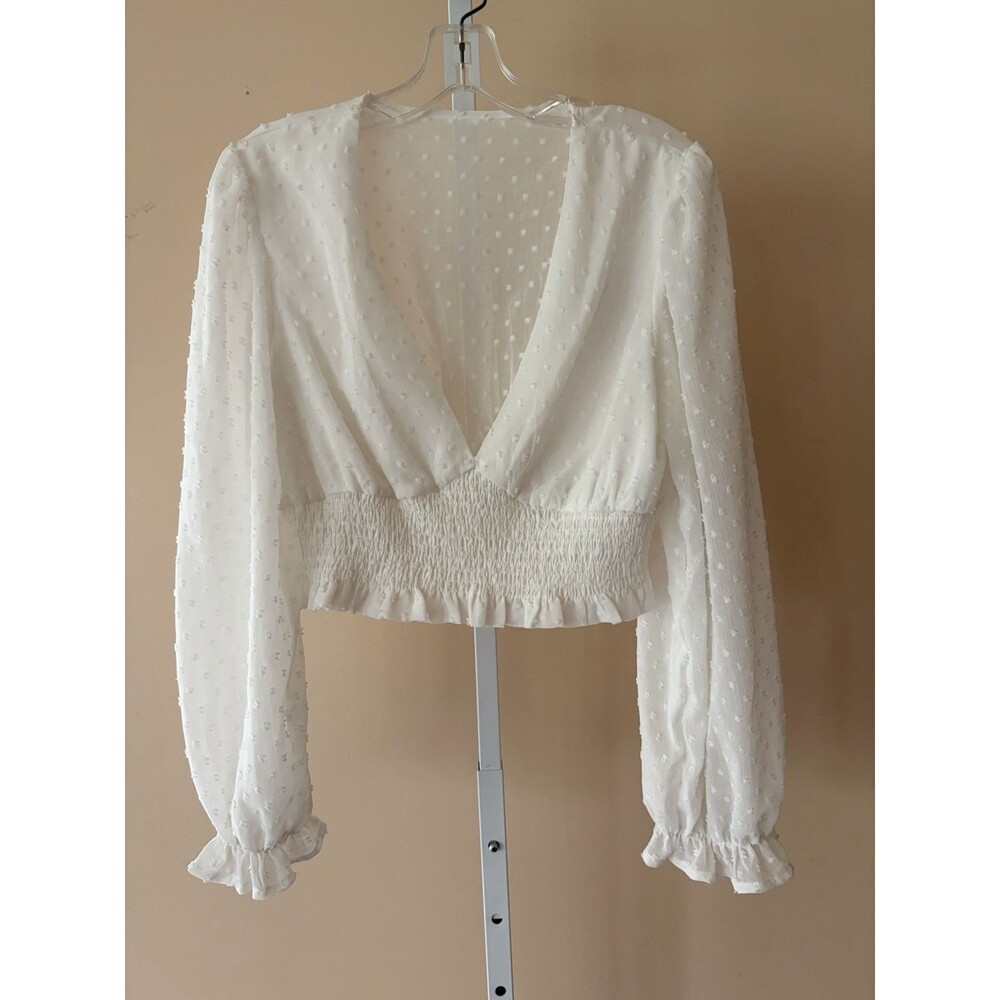 Women White Ruched Crop Top Deep V Neck Sheet Boho Festival L
